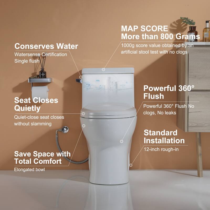 HOROW 1-Piece 1.28 GPF Compact Elongated Toilet in White with Comfort Height and Soft-Close Seat Included - N/A