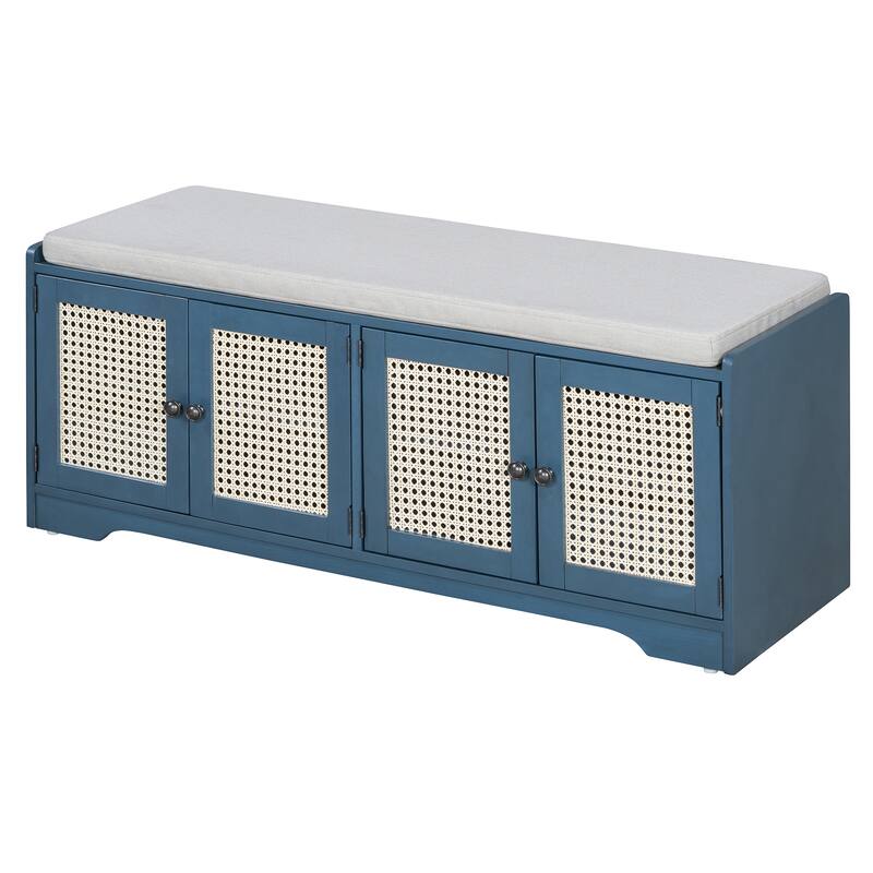 Rustic Storage Bench Multifunctional Wood Entryway Shoe Bench with Removable Cushion, Woven Rattan Doors & Adjustable Shelves