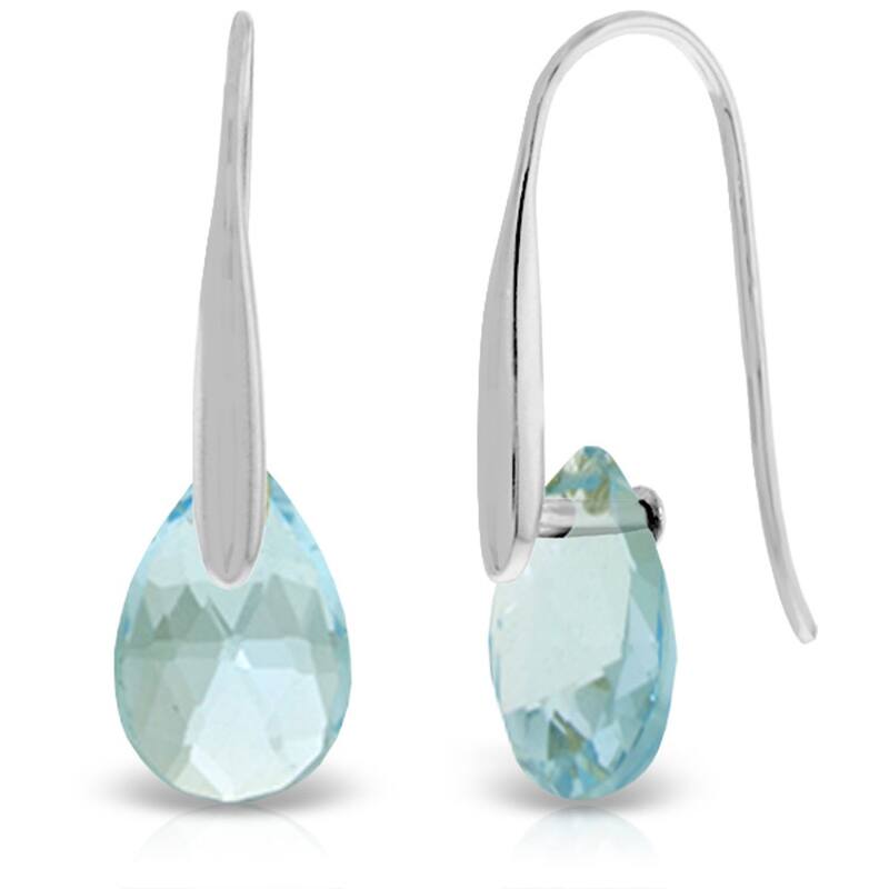 14K Solid Gold Fish Hook Earrings w/ Dangling Briolette Blue Topaz - White
