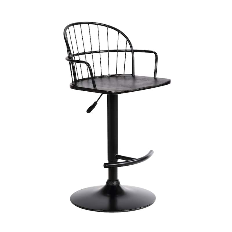 Modern Adjustable Height Bar Stool with Solid Wood Seat and Iron Frame Low Back for Kitchen Use - 42.5"H x 18"W x 20"D - Black