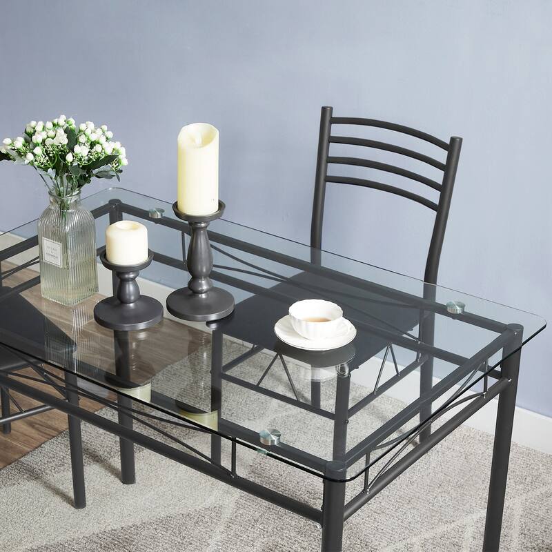VECELO Modern 3/5-piece Dining Set Tempered Glass Top and Wood Top, Steel Dining Table and Chair Set of 2/4