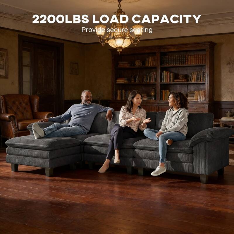 124.4" L-Shaped Corduroy Sectional Sofa with Movable Ottoman