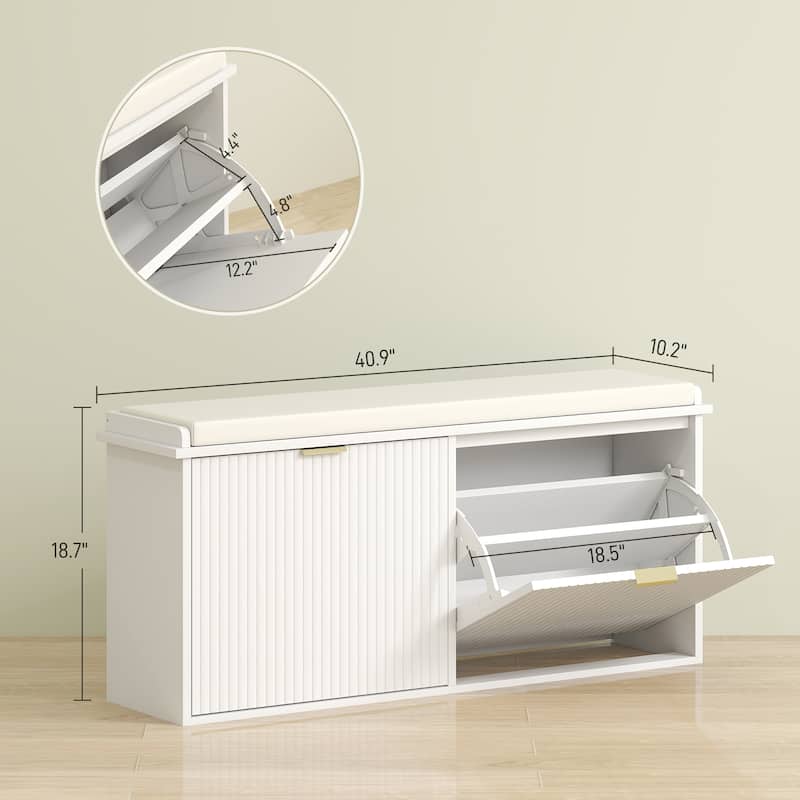 Cushion Seating Shoe Bench with Storage Drawers and Beadboard Panel Perfect Holds Up to 10 Pairs - 40.9" W x 10.2" D x 18.7" H