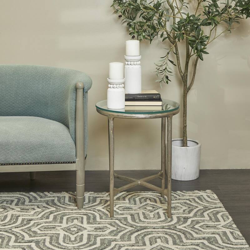 Aluminum Metal Textured Side End Accent Table with Glass Tabletop - Gold or Silver- Roche River Decor