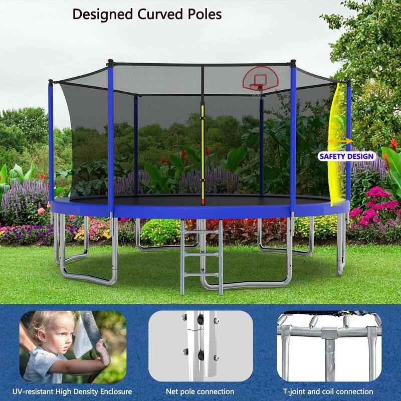 Outdoor Kids Trampoline with Basketball Hoop and Ladder, with Safety Enclosure for Backyard Fun