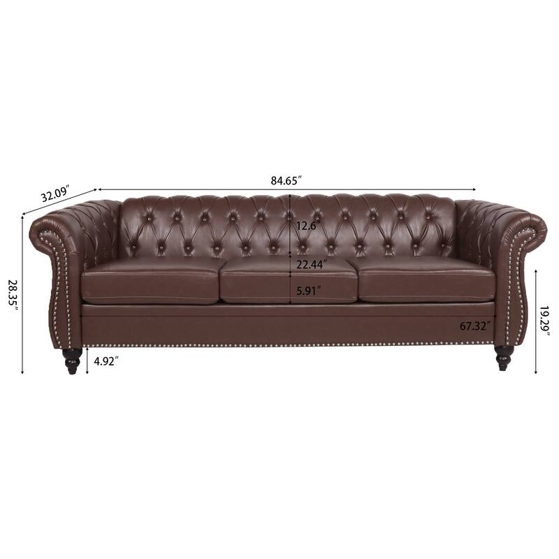Classically Elegant 84.65" Three-Seater Rolled Arm Chesterfield Sofa in PU Leather - Sturdy Birch Legs, Soft Upholstery
