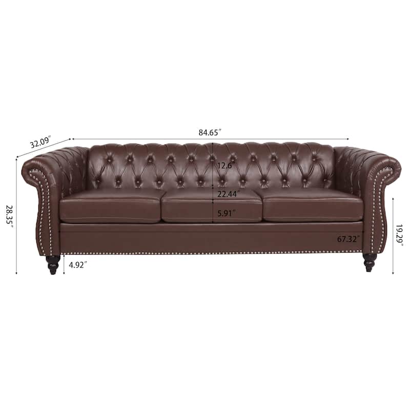 Upholstered Rolled Arm Chesterfield 3-Seater Sofa