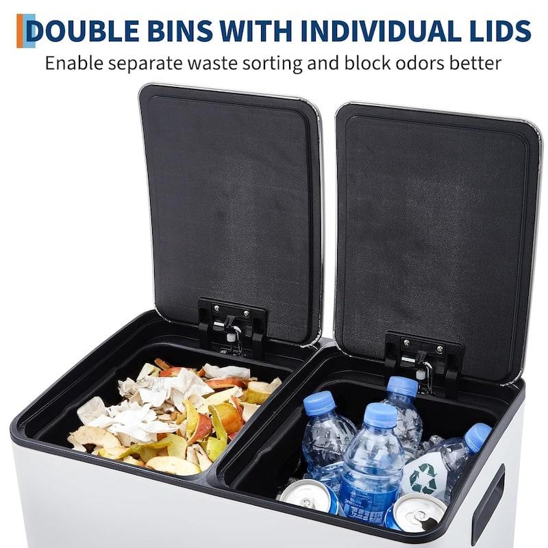 2 x 8 gallon double-compartment kitchen waste recycling station with individual foot pedal, white