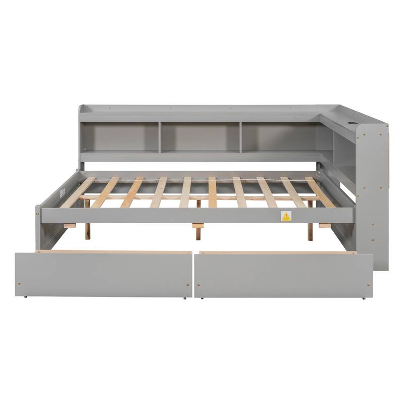 Bed with L-shaped Bookcases, Drawers
