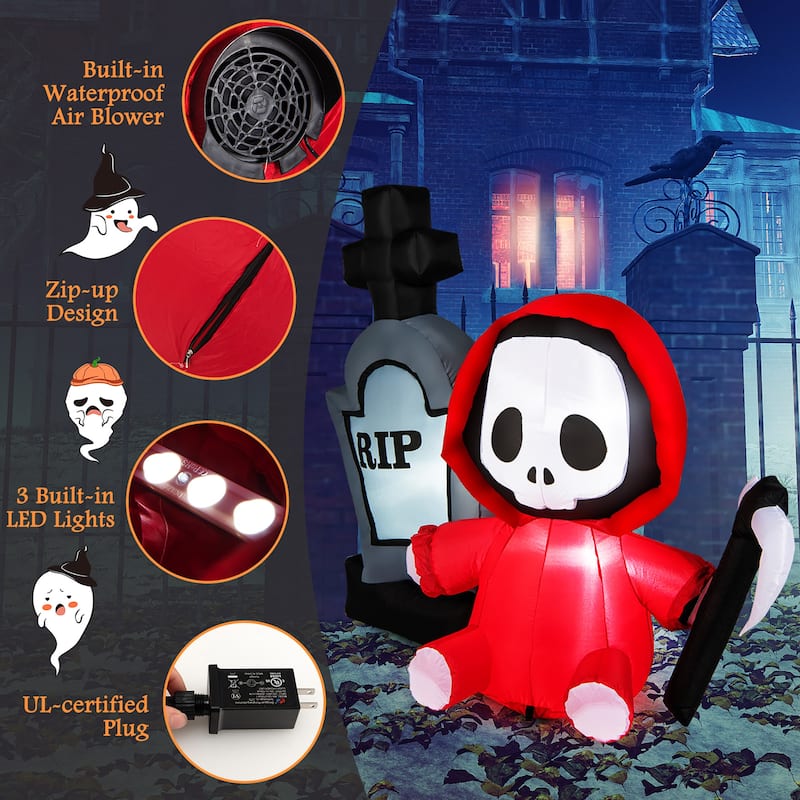 Gymax 5FT Halloween Inflatable Tombstone & Reaper Combo w/ LED &