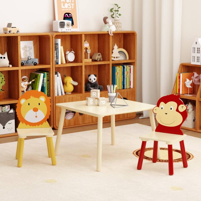 Anmytek Toddler 3-Piece Wooden Table and Chair Set Kids Activity Desk with Animal Backrest for Playroom Nursery