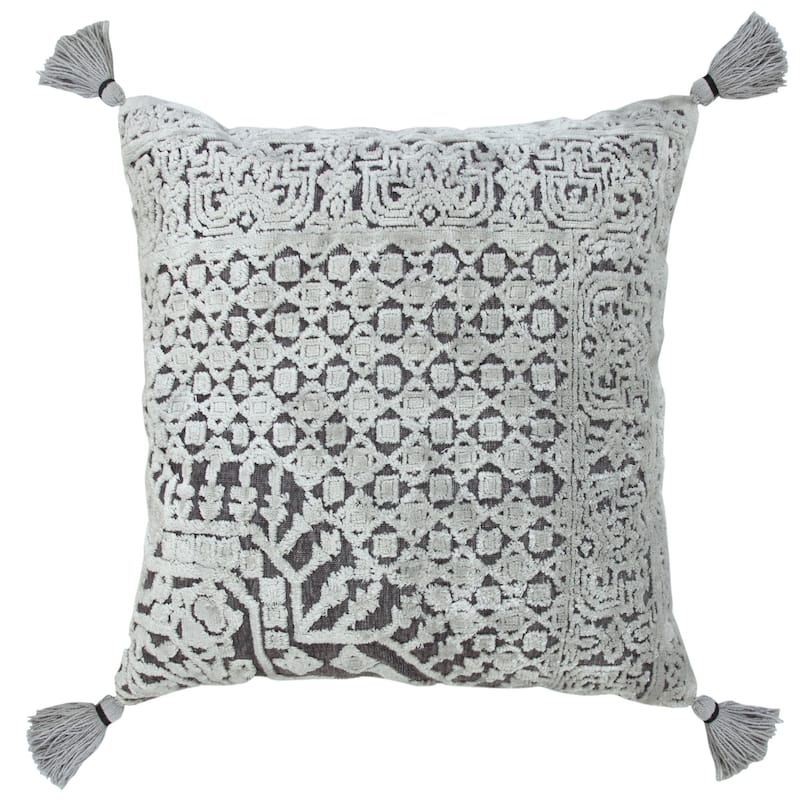 18" Gray And Silver Geometric Viscose Throw Pillow Cover with Tassels
