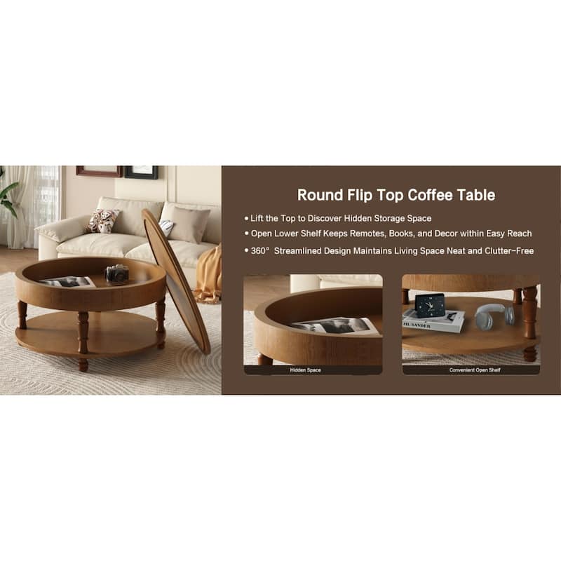 Roomfitters 31.5" Round Coffee Table, Storage Center Table with Hidden Compartment for Living Room