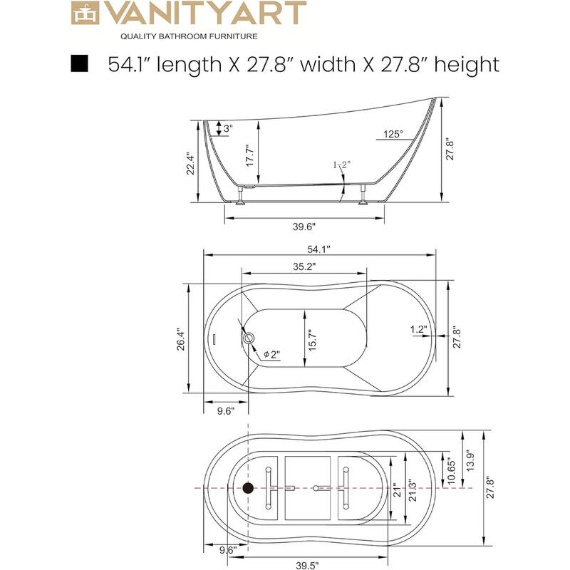 Vanity Art 54" X 28" White Acrylic Freestanding Bathtub