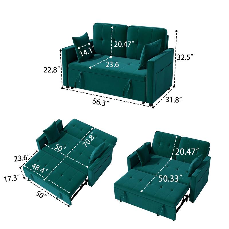 3 in 1 Convertible Sleeper Sofa Bed, Futon Couches for Living Room with Side Pocket, Adjustable Backrest