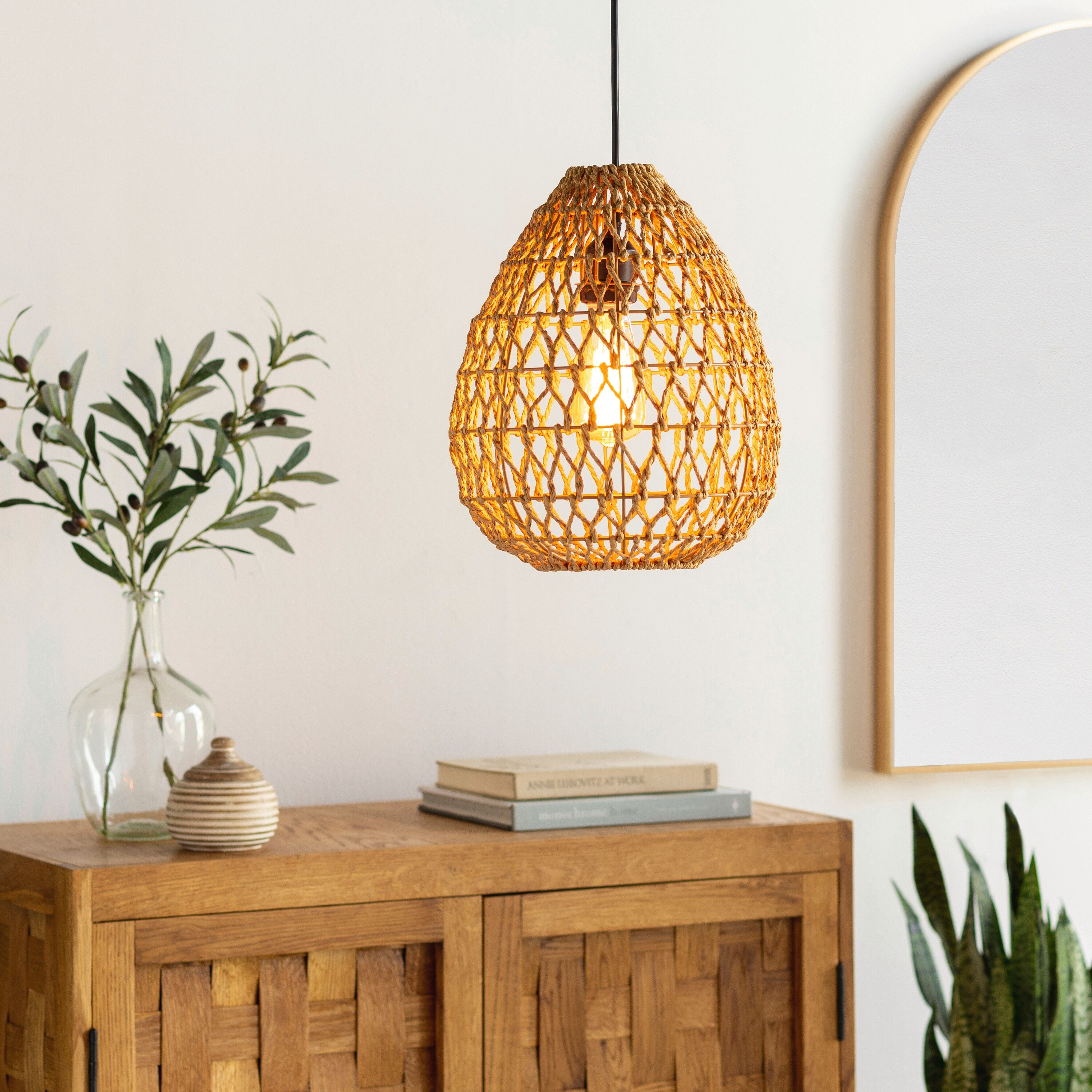 Givoni Natural Paper Rattan Woven Pendant Light - 72"H x 11"W x 11"D