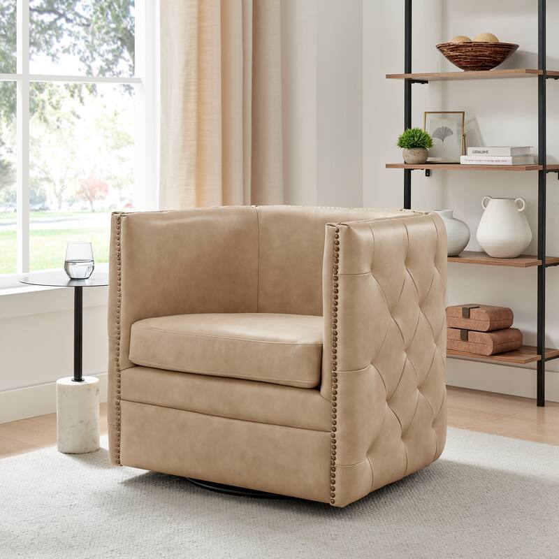NPD Furniture Leslie Top Grain Leather Swivel Tufted Chair