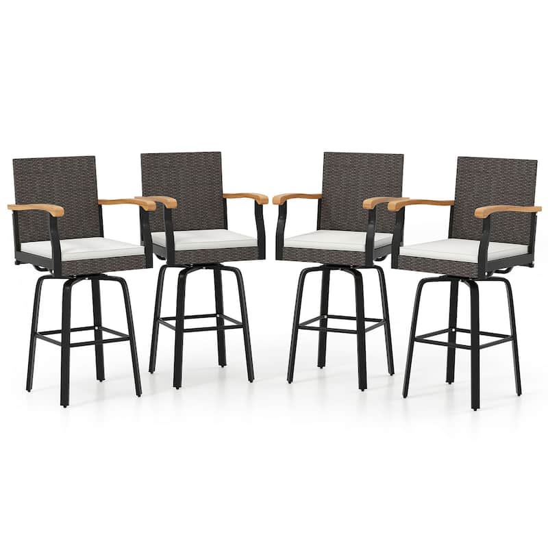 Gymax 4 PCS Outdoor Rattan 360 degree Swivel Bar Stool w/ Removable - Brown