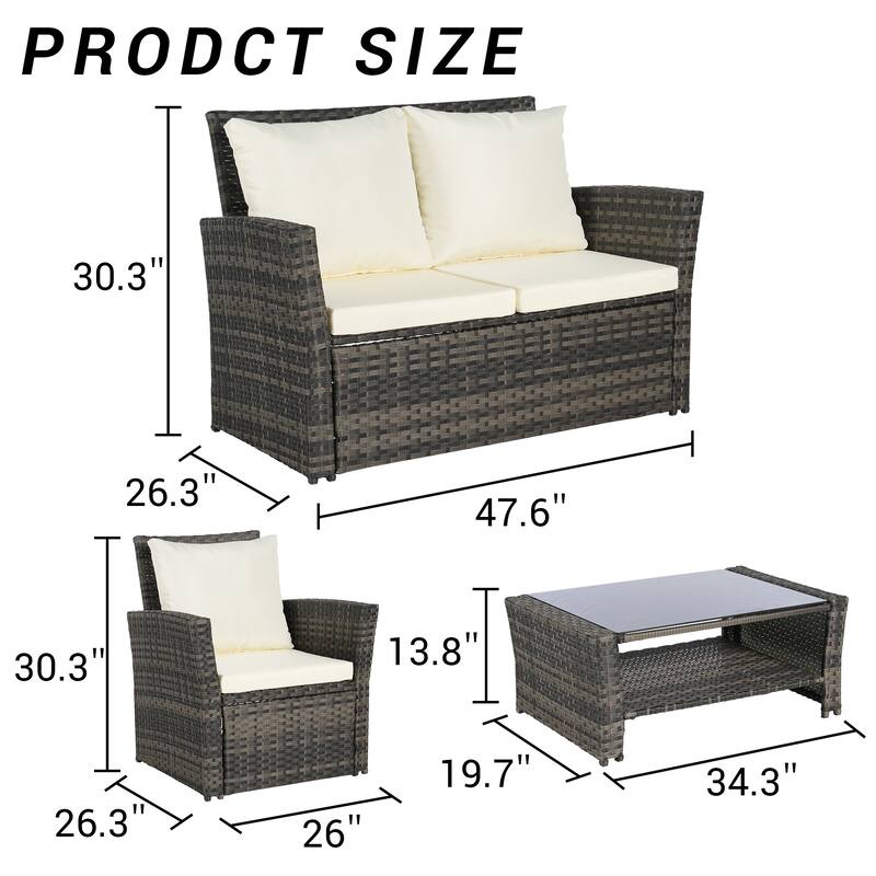 4-Piece Outdoor Patio Rattan Conversation Sofa Set with Tempered Glass Coffee Table