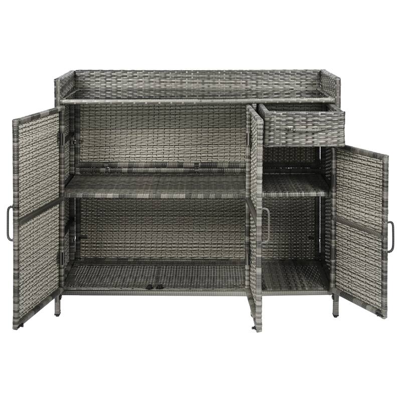Wicker Storage Cabinet w/Tempered Glass Desktop, Weather-proof Rattan Bar Table, Kitchen Island w/Three Doors, Adjustable Shelf
