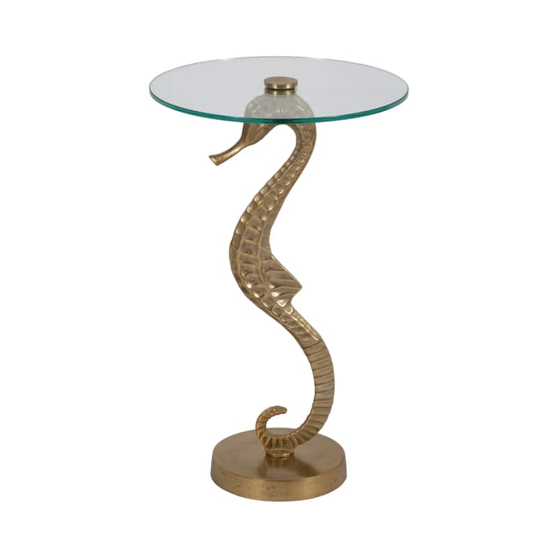 Sagebrook Home Artistic Metal and Glass Accent Table with Sculptural Aluminum Seahorse Base - 15" x 15" x 25" - Gold/ Metallic - Glass