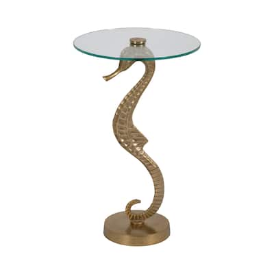 Sagebrook Home Artistic Metal and Glass Accent Table with Sculptural Aluminum Seahorse Base - 15" x 15" x 25"