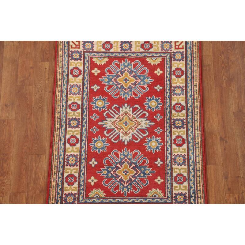 Geometric Kazak Accent Rug Hand-Knotted Traditional Wool Carpet - 2'8" x 3'11"