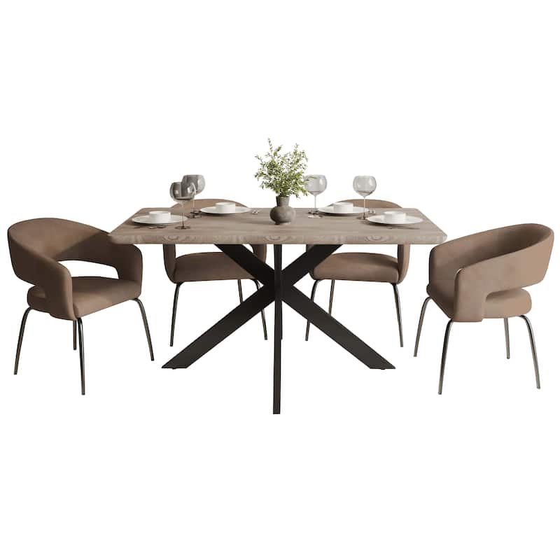 Ravenna 5-Piece Dining Set 63-Inch Rectangular MDF Tabletop Dining Table and 4 Arm Chairs - Light Brown Velvet