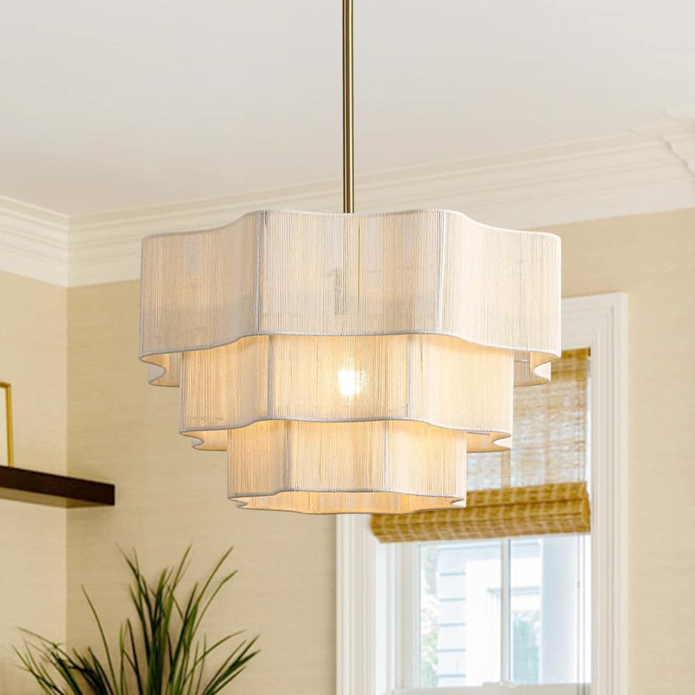Woven Ivory String 3-Tier Round Lantern Chandelier 19.7in Brass