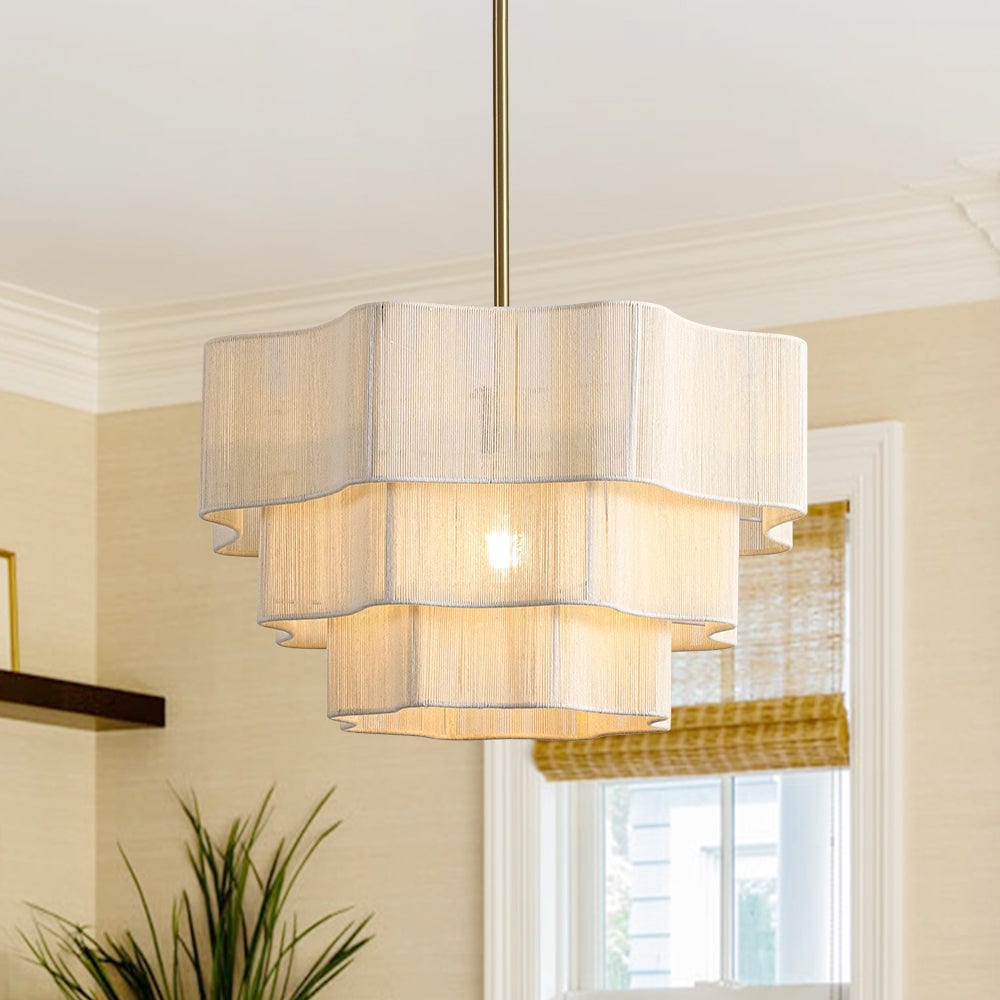 Woven Ivory String 3-Tier Round Lantern Chandelier 19.7in Brass