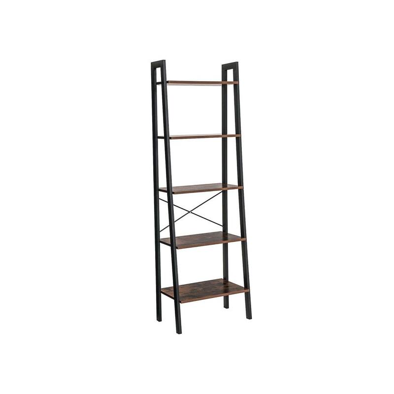 Black Metal 5-Tier Ladder Shelf with Steel Frame and Industrial Rustic Wood Shelves - Rustic Brown-Black