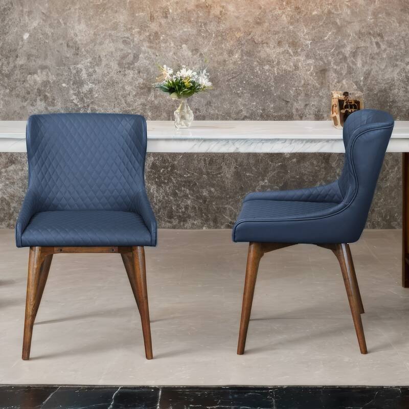 Lelia Solid Wood Mid Century Modern Leather Dining Chair (Set of 2) - Navy Blue