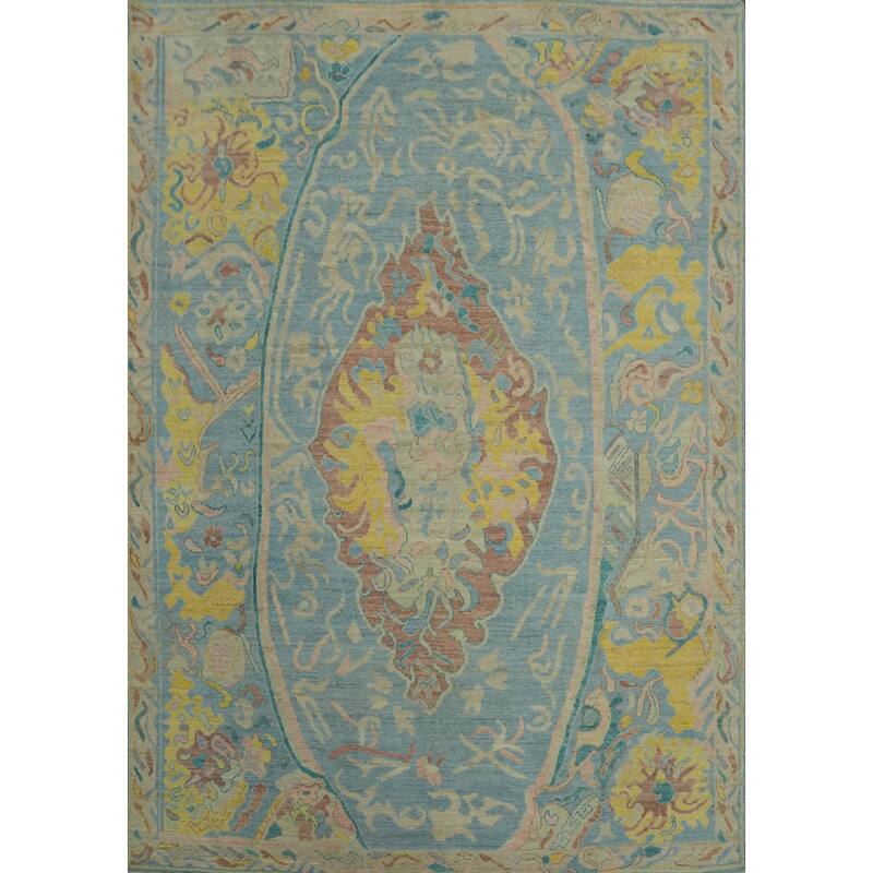 Handmade Blue Floral Oushak Vegetable Dye Area Rug, Medallion Carpet - 9' 9'' X 8' 2''