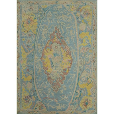 Handmade Blue Floral Oushak Vegetable Dye Area Rug, Medallion Carpet - 9' 9'' X 8' 2''