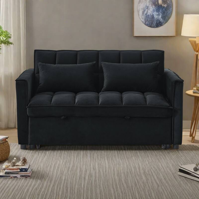 53.94" Velvet 2-Seater Sleeper Sofa with 3-Position Adjustable Backrest and Two Side Pockets - Black