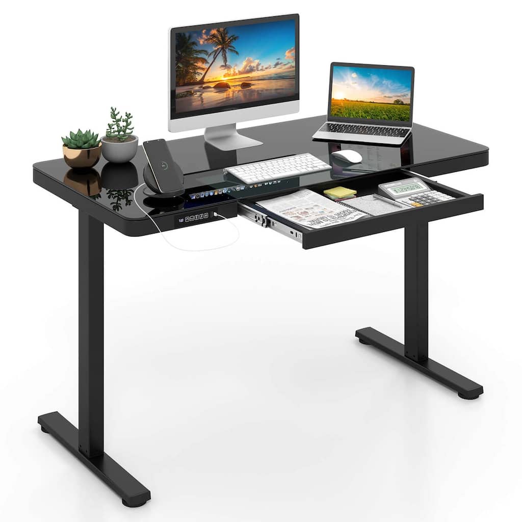 Costway 48" x 24" Whole-Piece Glass Standing Desk w/Drawers Writable