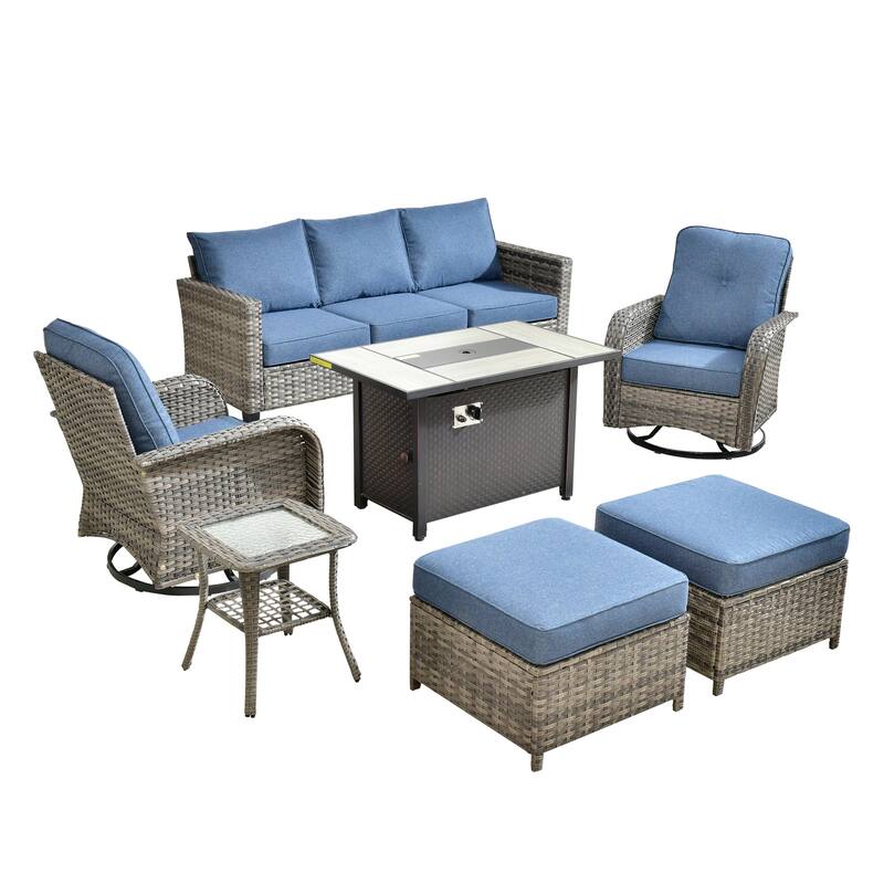 OVIOS 7-piece Patio Wicker Swivel Rocking Chair Set With Fire Pit