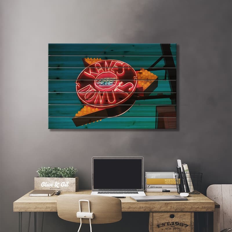 Neon Sign, Kane's Donuts, Saugus, Essex County, Massachusetts, USA Print On Wood by Walter Bibikow - Multi-Color