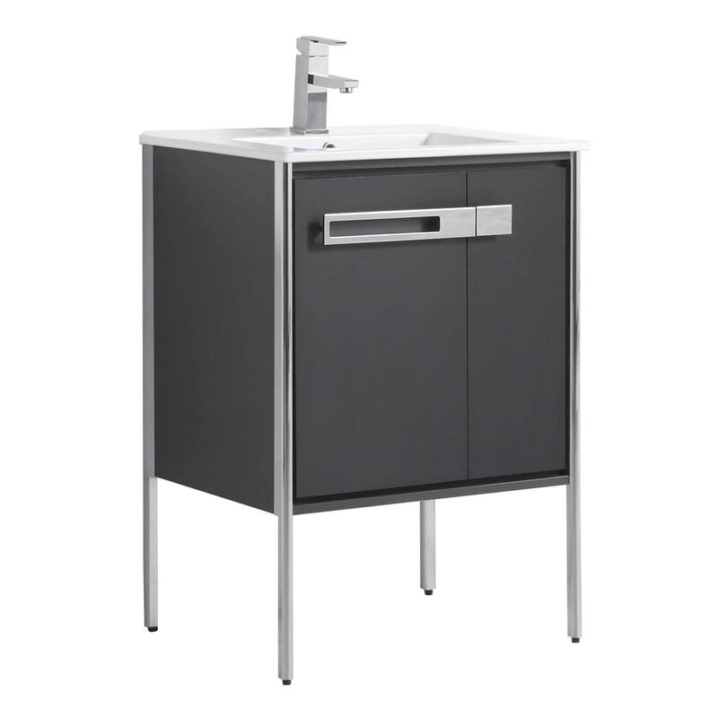 Fine Fixtures Oakville Bathroom Vanity with White Ceramic Sink - 24 Inch - Onix Grey - Chrome Hardware
