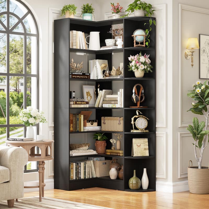 6-Tier Corner Bookshelf, 71" H Freestanding L-Shaped Book Shelf with Baffle, Corner Open Display Shelf Bookcase - Black