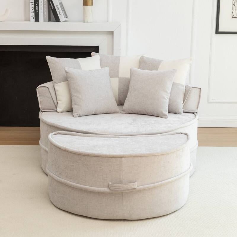 47.63" Round Lazy Fully Compression Sofa, Chenille, with Ottoman