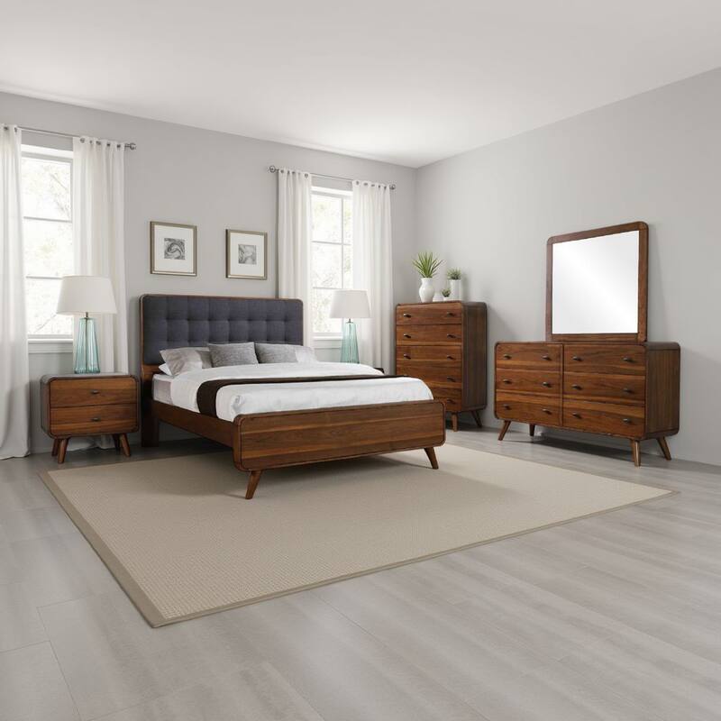 Ryb 5pc Bedroom Set w Cal King Bed, Walnut Brown, Dark Gray Upholstery