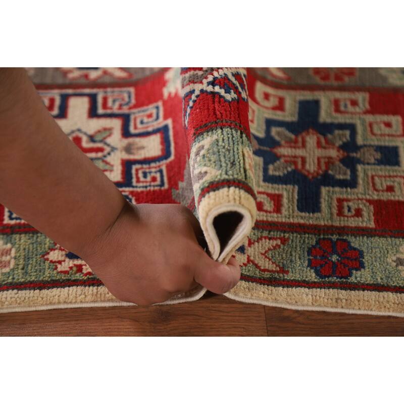 Hand Knotted Oriental 100% Wool Carpet Traditional Geometric Beige & Ivories Kazak Area Rug - 9' 9'' X 6' 8''