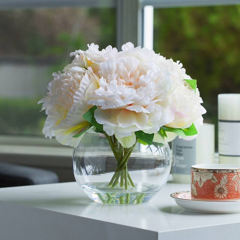 Enova Home Artificial Silk Peony Fake Flowers Arrangement in Round Glass Vase with Faux Water - 10"H x 10"W - Peach
