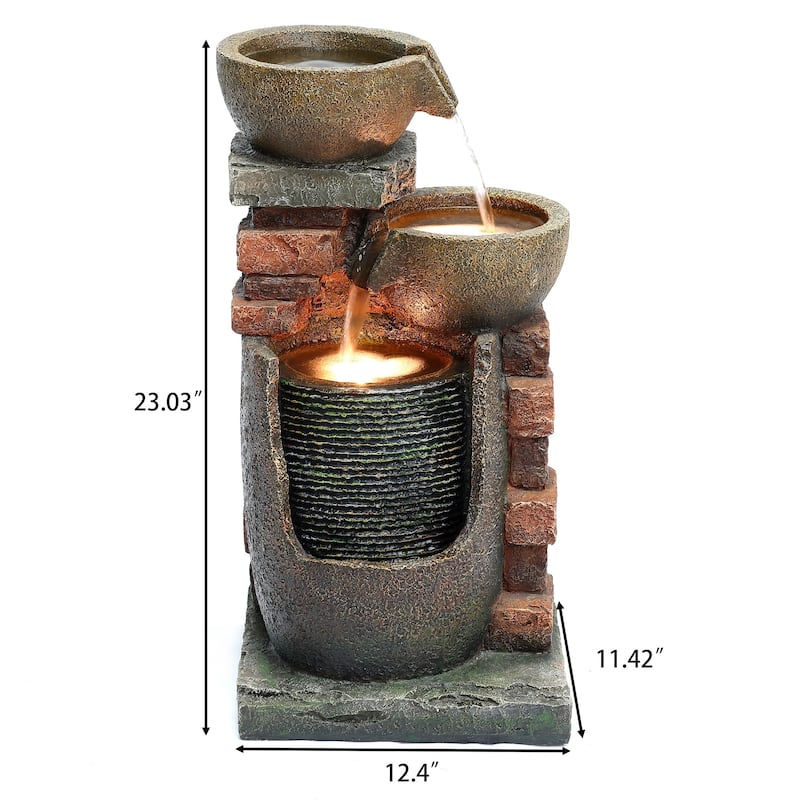 23" H Bowls and Bricks Resin Outdoor Fountain with LED Lights