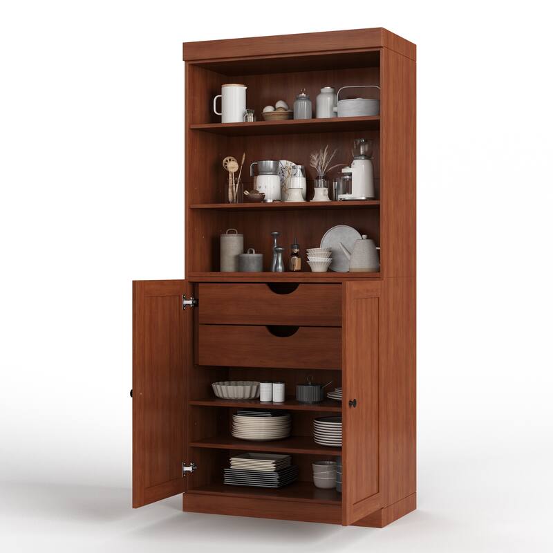 Palace Imports 100% Solid Wood 32" Pantry Cabinet with Shaker Doors, 2-Drawers and Adjustable Shelves - Mocha