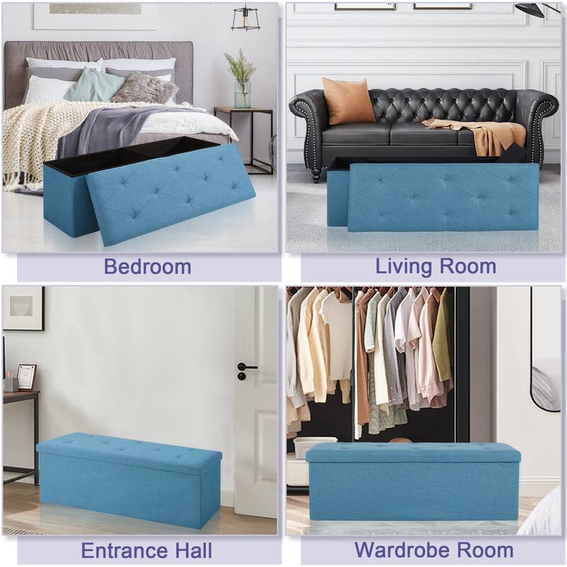 Javlergo 15" Foldable Storage Ottoman, Tufted Linen Foot Rest Stool/Seat Toy Chest
