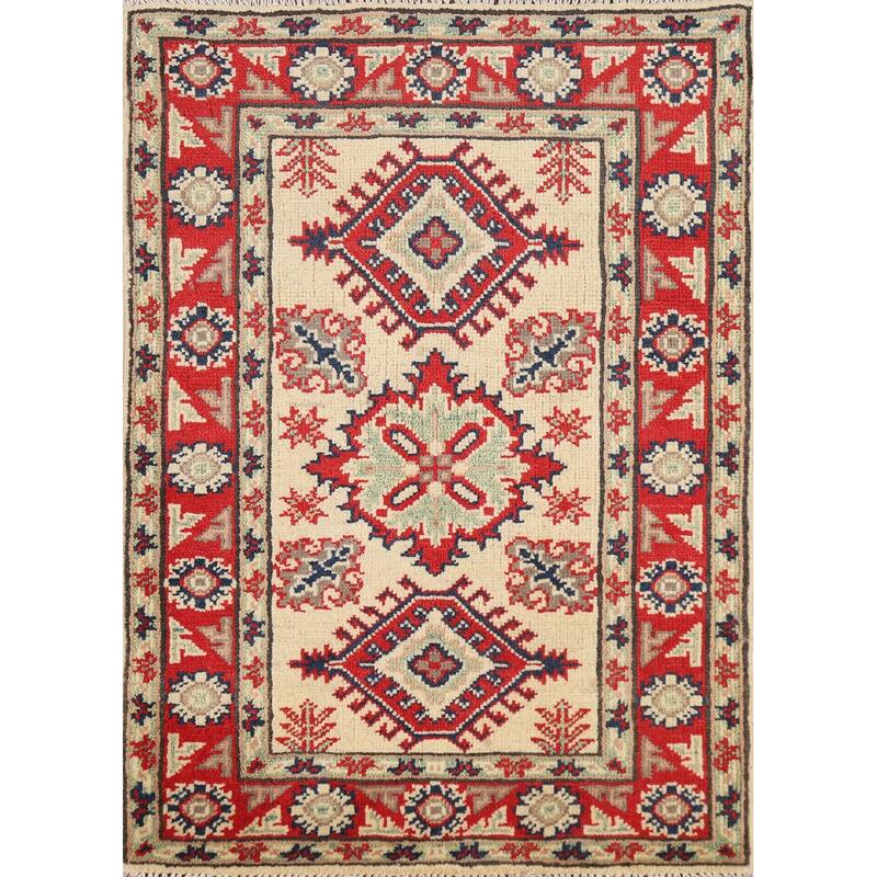 Geometric Kazak Oriental Rug Handmade Traditional Beige Wool Carpet - 2'0" x 3'0"
