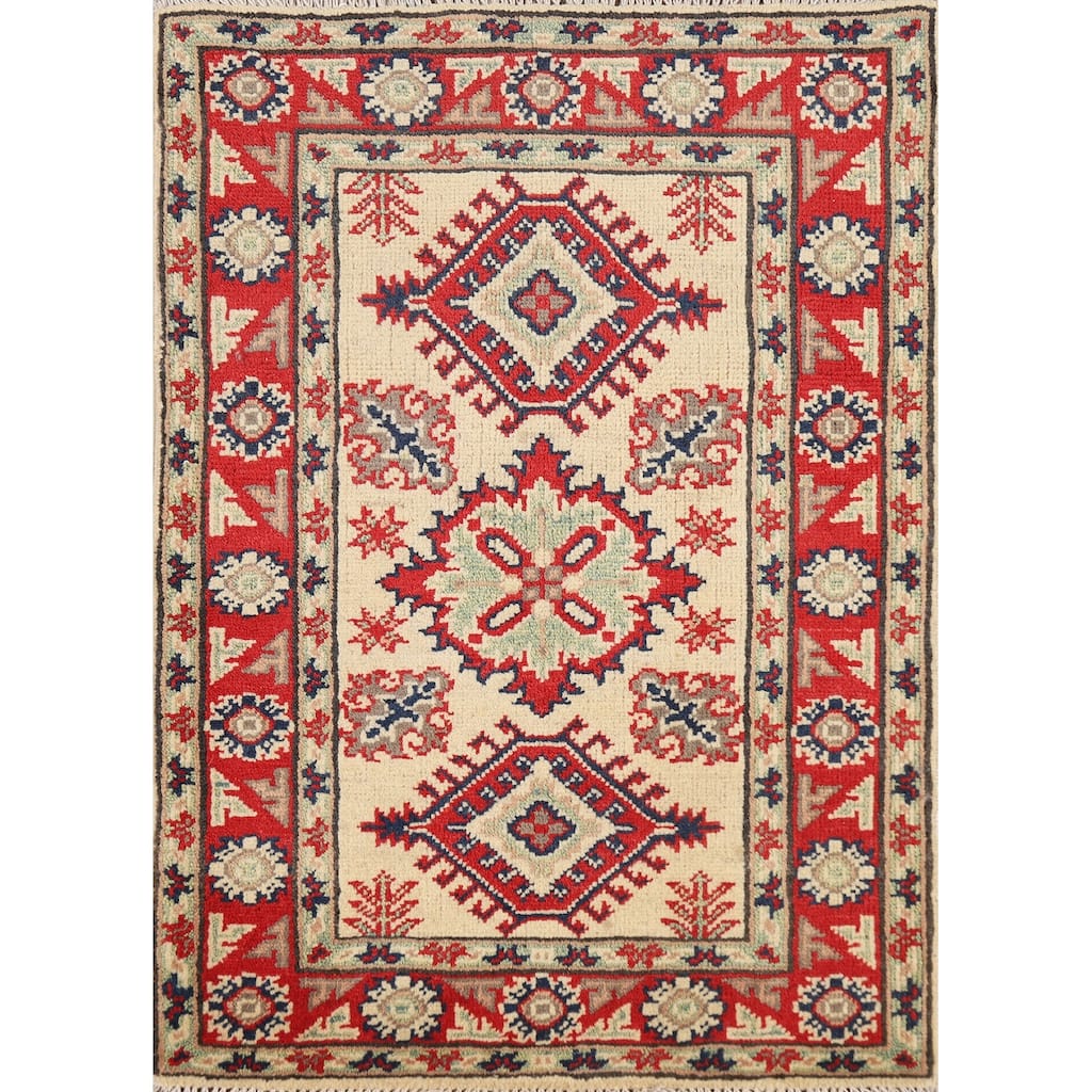 Geometric Kazak Oriental Rug Handmade Traditional Beige Wool Carpet - 2'0" x 3'0"