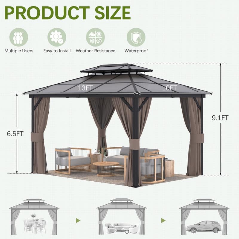 Hardtop Gazebo for Backyard – Permanent Pergola with Netting, Curtains & Double Roof, All-Weather Outdoor Shelter